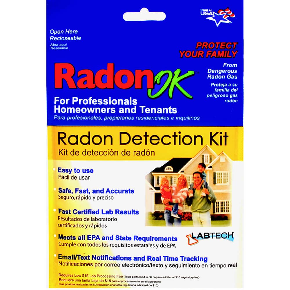 Front of labtech radon test kit package